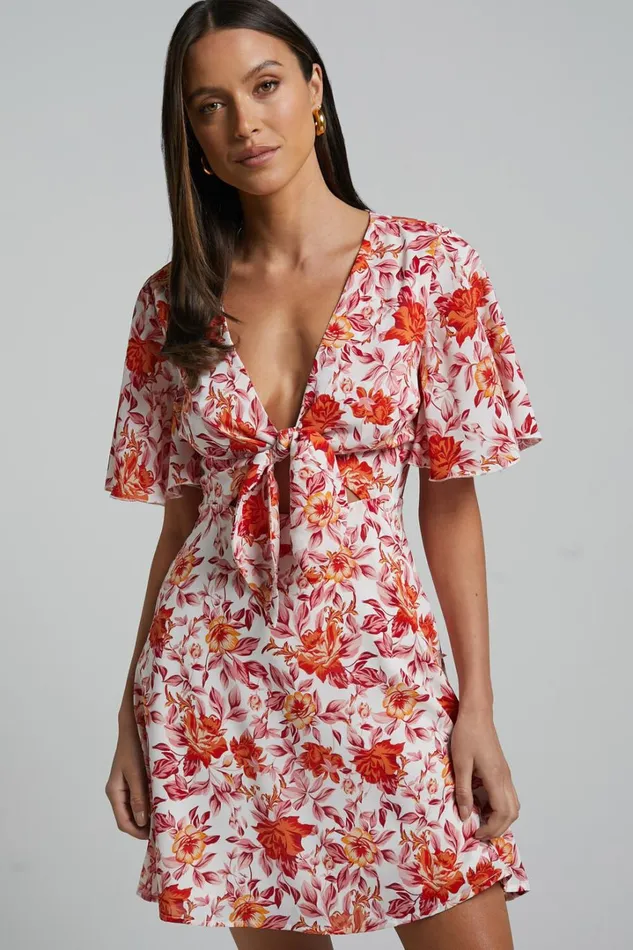 Wynna Mini Dress 8211 Tie Front Cut Out Flutter Sleeve Dress In Pink Red Floral Women Showpo Dresses