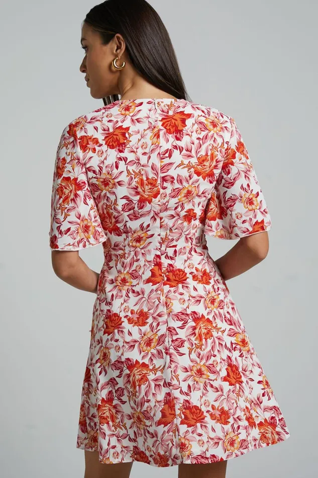 Wynna Mini Dress 8211 Tie Front Cut Out Flutter Sleeve Dress In Pink Red Floral Women Showpo Dresses