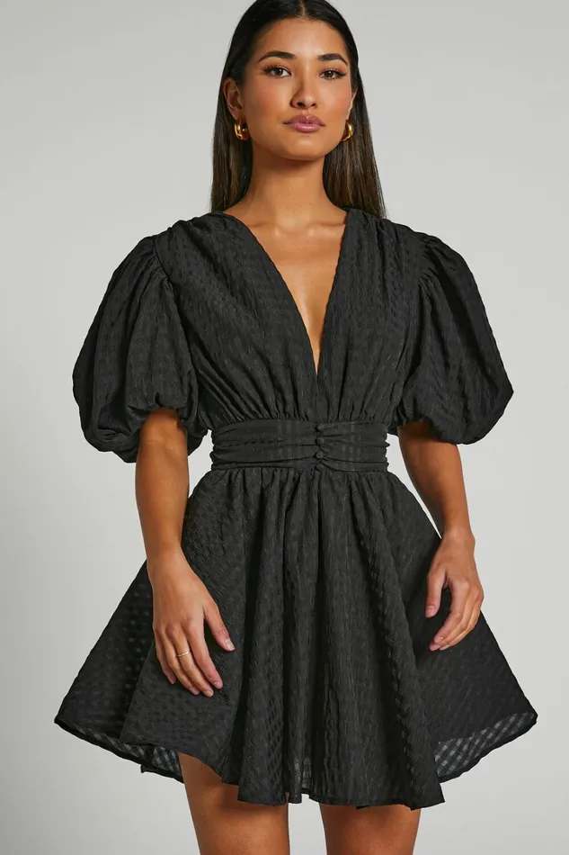 Xandy Mini Dress 8211 Textured Puff Sleeve Plunge Dress In Black Women Showpo Curve Clothes