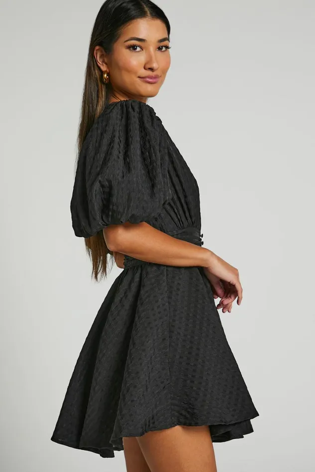 Xandy Mini Dress 8211 Textured Puff Sleeve Plunge Dress In Black Women Showpo Curve Clothes