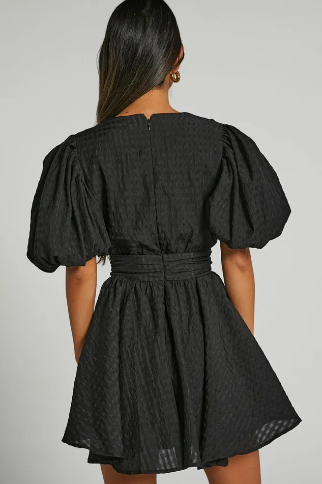 Xandy Mini Dress 8211 Textured Puff Sleeve Plunge Dress In Black Women Showpo Curve Clothes