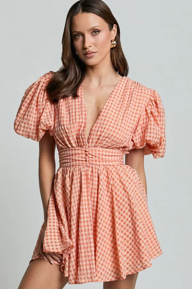 Xandy Mini Dress 8211 Textured Puff Sleeve Plunge Dress In Peach Women Showpo Curve Clothes Xandy Mini Dress 8211 Textured Puff Sleeve Plunge Dress In Peach Women Showpo Curve Clothes