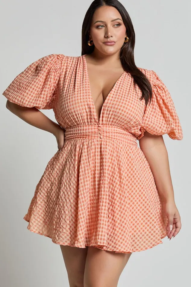 Xandy Mini Dress 8211 Textured Puff Sleeve Plunge Dress In Peach Women Showpo Curve Clothes