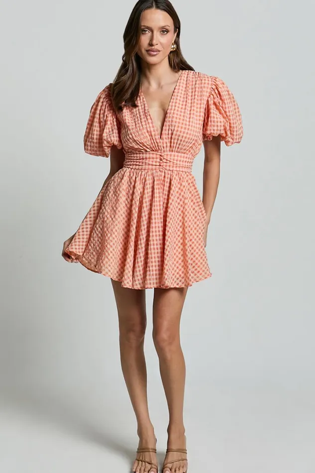 Xandy Mini Dress 8211 Textured Puff Sleeve Plunge Dress In Peach Women Showpo Curve Clothes