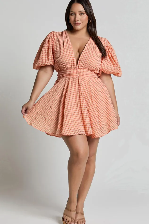 Xandy Mini Dress 8211 Textured Puff Sleeve Plunge Dress In Peach Women Showpo Curve Clothes