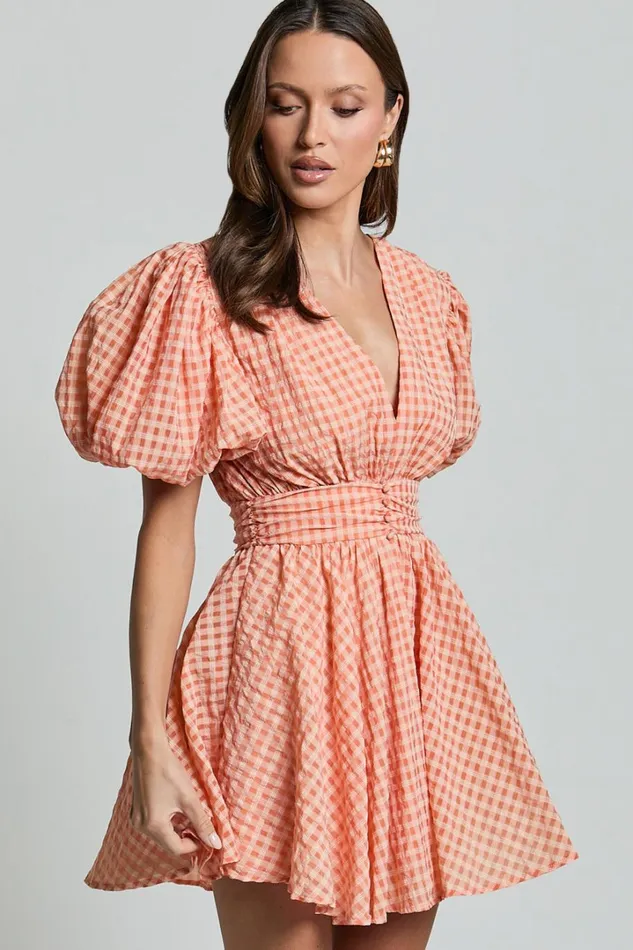 Xandy Mini Dress 8211 Textured Puff Sleeve Plunge Dress In Peach Women Showpo Curve Clothes