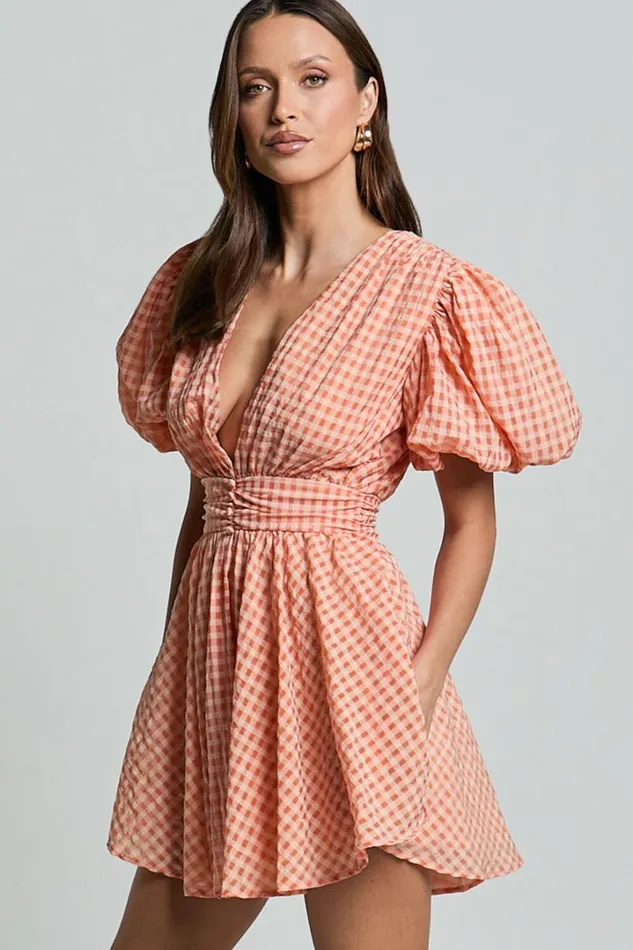 Xandy Mini Dress 8211 Textured Puff Sleeve Plunge Dress In Peach Women Showpo Curve Clothes