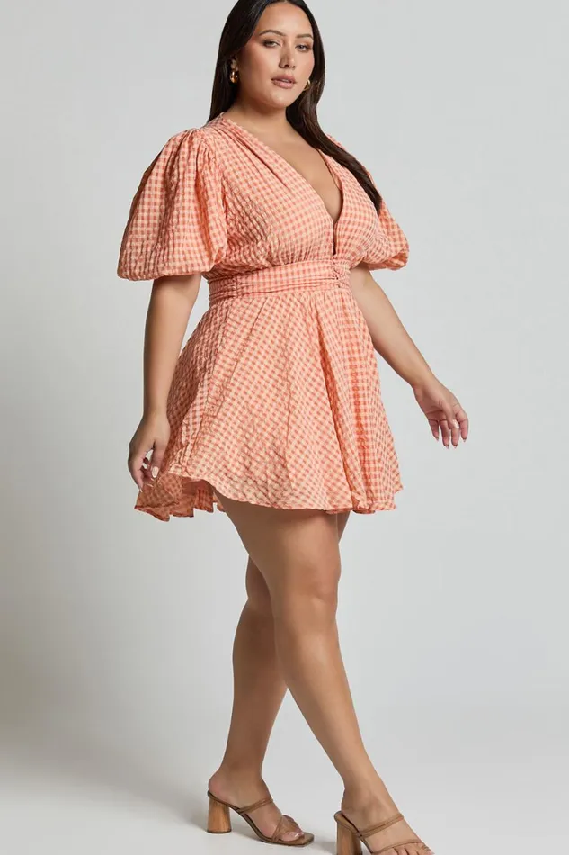 Xandy Mini Dress 8211 Textured Puff Sleeve Plunge Dress In Peach Women Showpo Curve Clothes