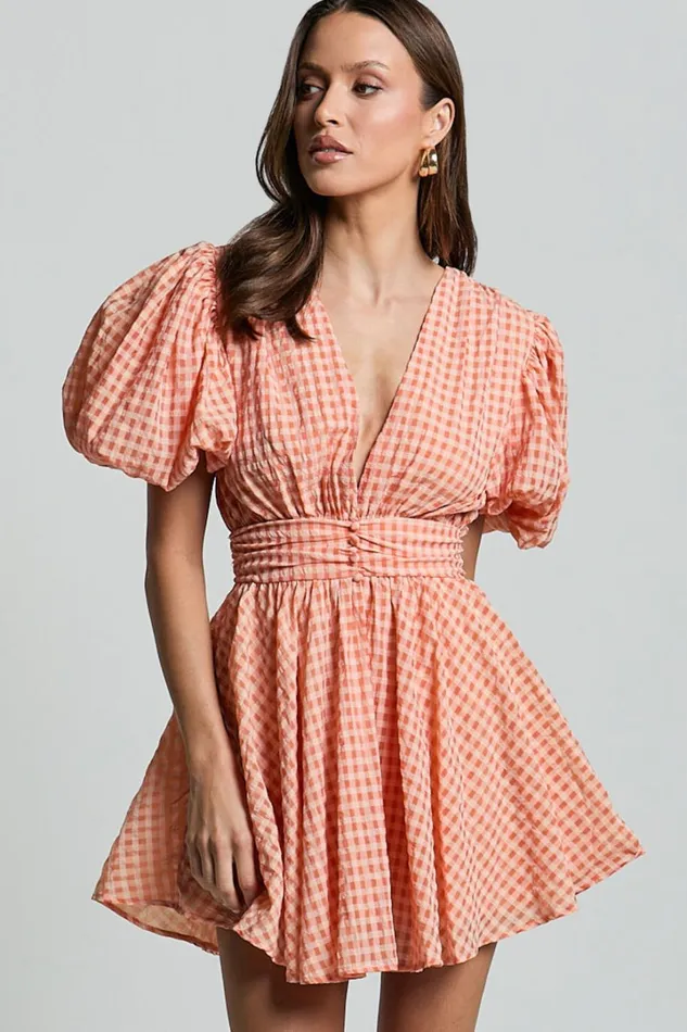 Xandy Mini Dress 8211 Textured Puff Sleeve Plunge Dress In Peach Women Showpo Curve Clothes