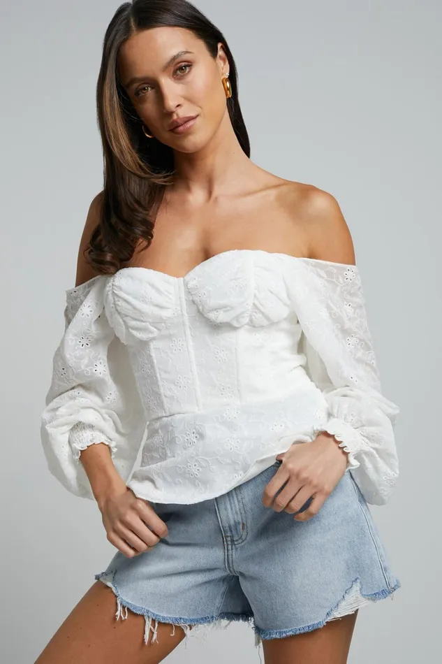 Ybur Top 8211 Off Shoulder Long Sleeve Bustier Top In Ivory Women Showpo Tops