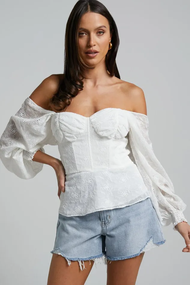 Ybur Top 8211 Off Shoulder Long Sleeve Bustier Top In Ivory Women Showpo Tops Ybur Top 8211 Off Shoulder Long Sleeve Bustier Top In Ivory Women Showpo Tops