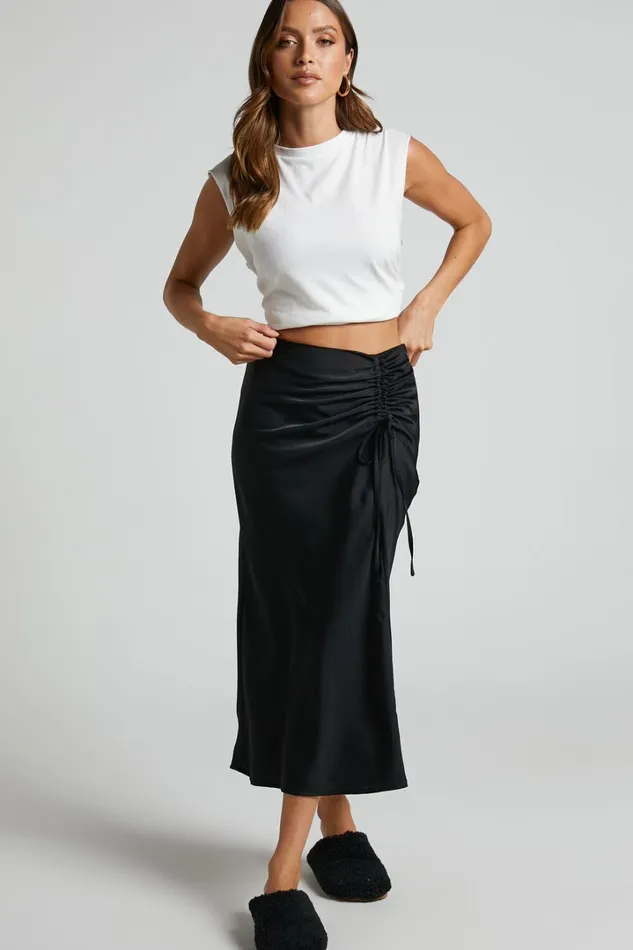 Zaylin Midi Skirt 8211 Ruched Side Satin Slip Skirt In Black Women Showpo Curve Clothes