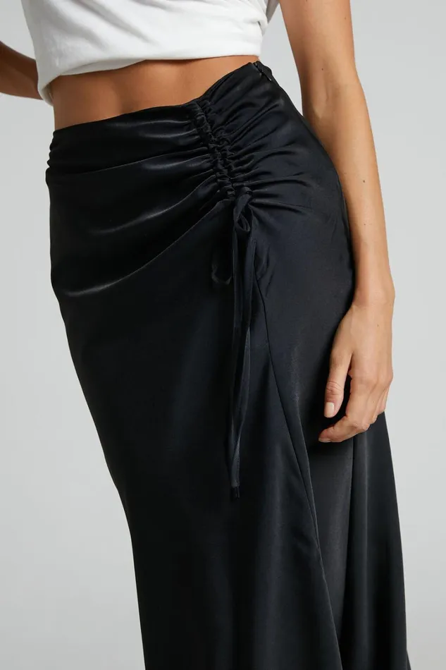 Zaylin Midi Skirt 8211 Ruched Side Satin Slip Skirt In Black Women Showpo Curve Clothes