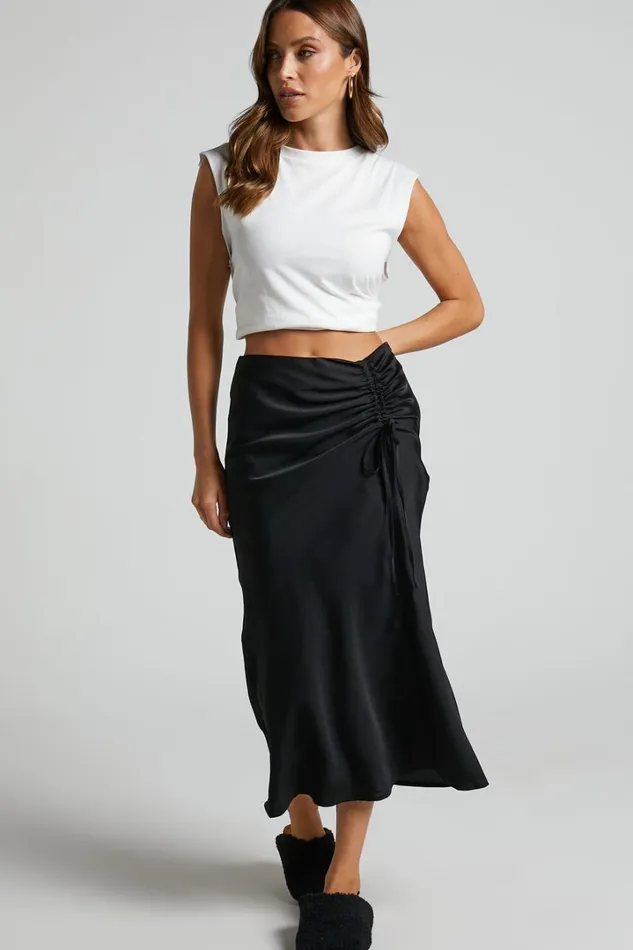 Zaylin Midi Skirt 8211 Ruched Side Satin Slip Skirt In Black Women Showpo Curve Clothes