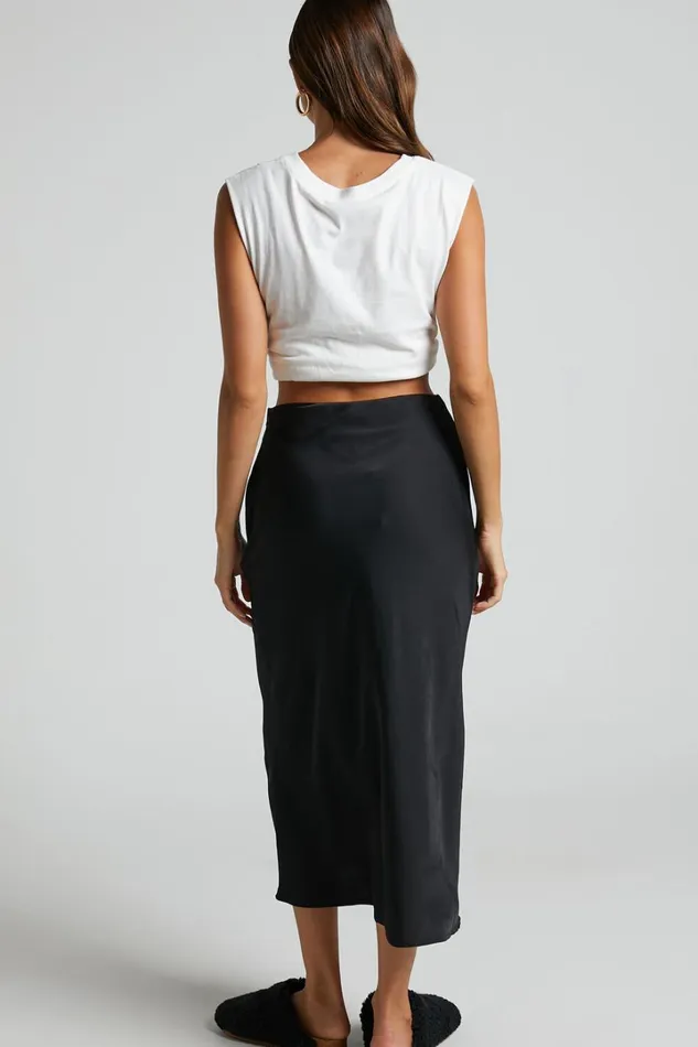 Zaylin Midi Skirt 8211 Ruched Side Satin Slip Skirt In Black Women Showpo Curve Clothes