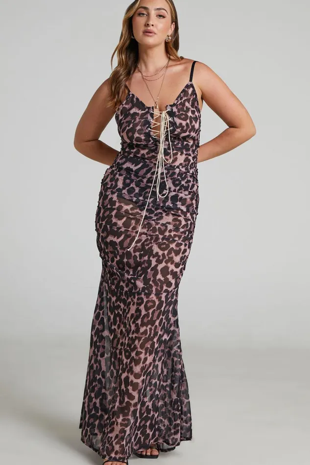 Zharina Midi Dress 8211 Lace Up Front Sheer Dress In Leopard Print Women Showpo Dresses