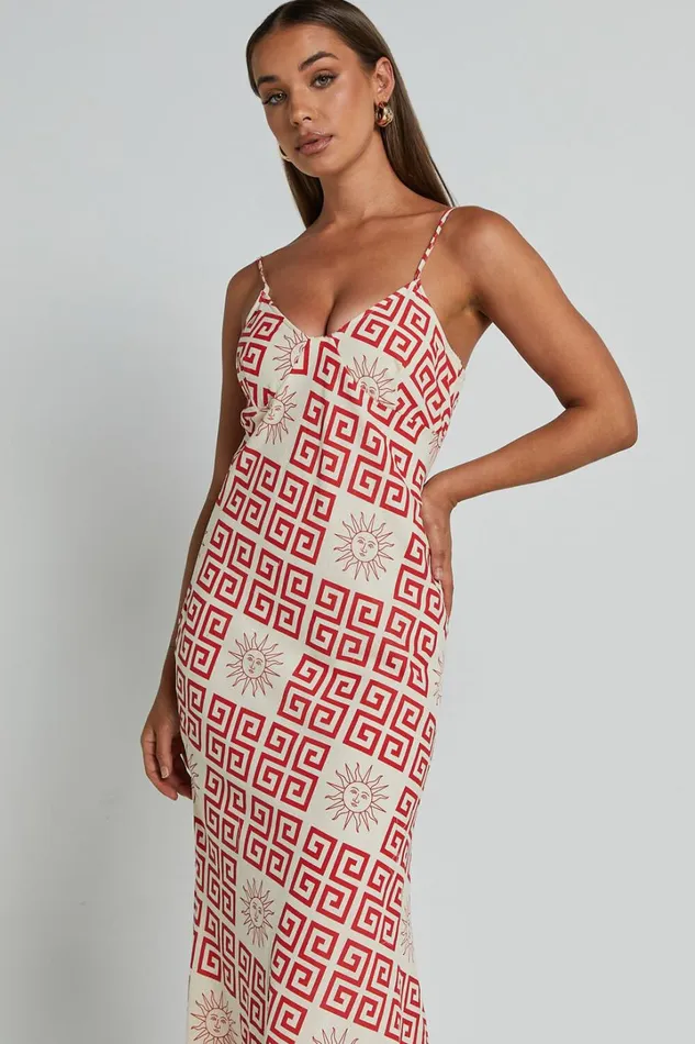 Zinnia Midi Dress 8211 Strappy Linen Slip Dress In BeigeRed Greek Sun Print Women Showpo Dresses