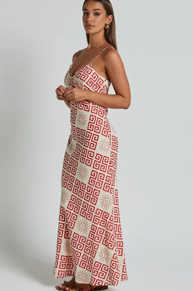 Zinnia Midi Dress 8211 Strappy Linen Slip Dress In BeigeRed Greek Sun Print Women Showpo Dresses