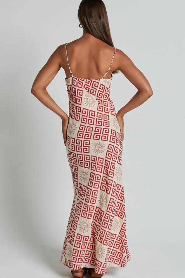 Zinnia Midi Dress 8211 Strappy Linen Slip Dress In BeigeRed Greek Sun Print Women Showpo Dresses