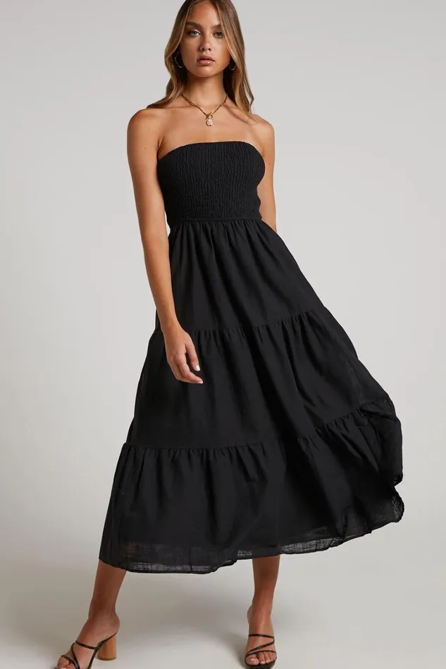 Zoe Midi Dress 8211 Strapless Shirred Bodice Tiered Dress In Black Women Showpo Maternity Clothes Zoe Midi Dress 8211 Strapless Shirred Bodice Tiered Dress In Black Women Showpo Maternity Clothes