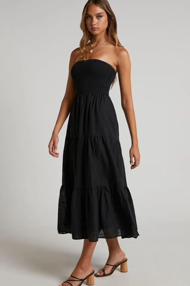 Zoe Midi Dress 8211 Strapless Shirred Bodice Tiered Dress In Black Women Showpo Maternity Clothes