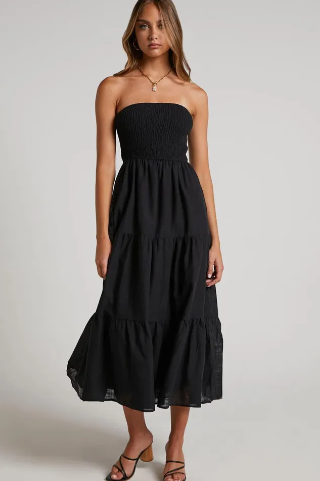 Zoe Midi Dress 8211 Strapless Shirred Bodice Tiered Dress In Black Women Showpo Maternity Clothes