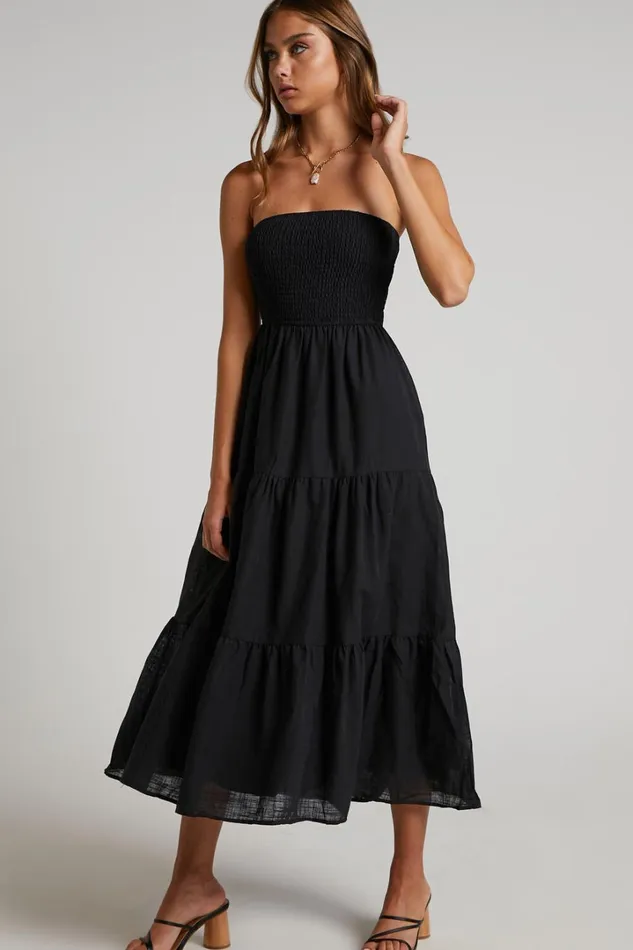 Zoe Midi Dress 8211 Strapless Shirred Bodice Tiered Dress In Black Women Showpo Maternity Clothes
