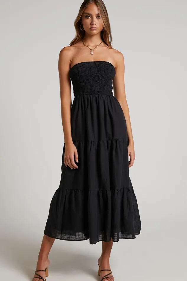 Zoe Midi Dress 8211 Strapless Shirred Bodice Tiered Dress In Black Women Showpo Maternity Clothes