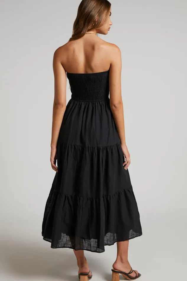 Zoe Midi Dress 8211 Strapless Shirred Bodice Tiered Dress In Black Women Showpo Maternity Clothes