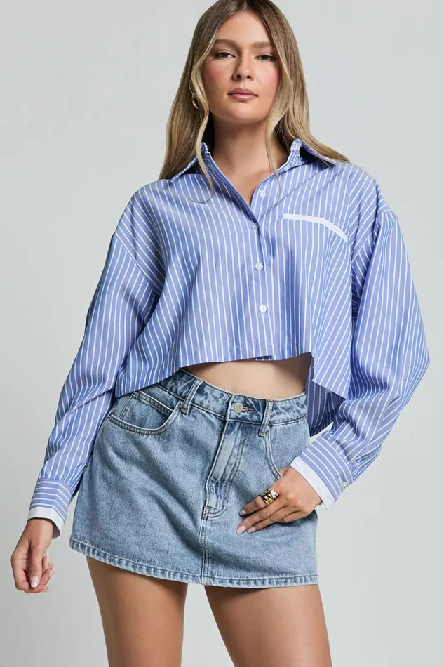 Zoya Shirt 8211 Cropped Long Sleeve Button Up Shirt In NavyWhite Stripe Women Showpo Tops Zoya Shirt 8211 Cropped Long Sleeve Button Up Shirt In NavyWhite Stripe Women Showpo Tops