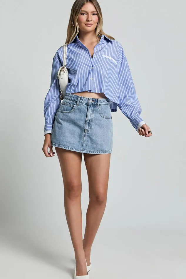 Zoya Shirt 8211 Cropped Long Sleeve Button Up Shirt In NavyWhite Stripe Women Showpo Tops