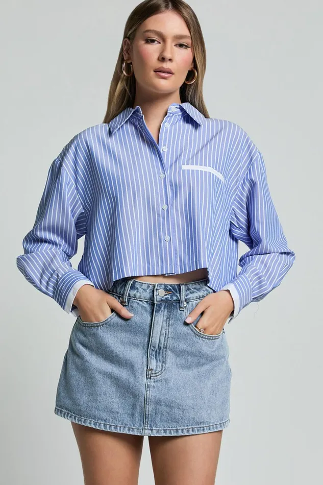 Zoya Shirt 8211 Cropped Long Sleeve Button Up Shirt In NavyWhite Stripe Women Showpo Tops