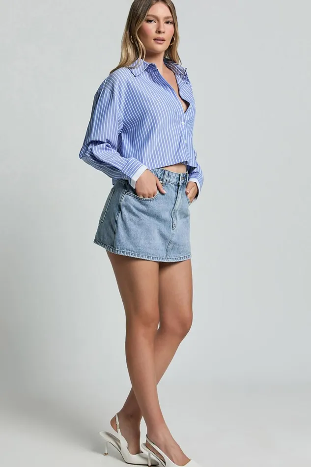 Zoya Shirt 8211 Cropped Long Sleeve Button Up Shirt In NavyWhite Stripe Women Showpo Tops