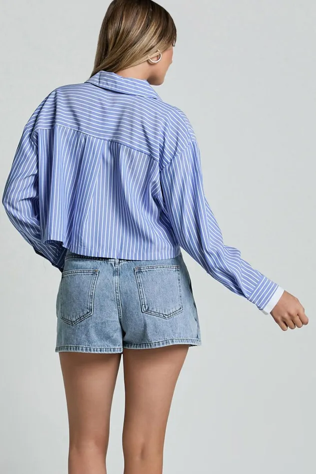 Zoya Shirt 8211 Cropped Long Sleeve Button Up Shirt In NavyWhite Stripe Women Showpo Tops