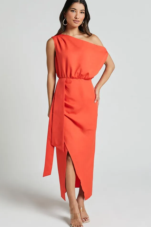 Zuri Midi Dress 8211 One Shoulder Wrap Dress In Orange Women Showpo Dresses