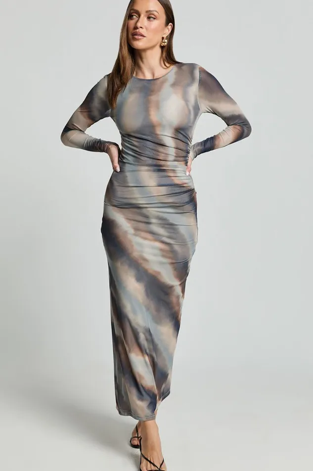 Zyra Midi Dress 8211 High Neck Long Sleeve Mesh Dress In Neutral Stripe Women Showpo Dresses Zyra Midi Dress 8211 High Neck Long Sleeve Mesh Dress In Neutral Stripe Women Showpo Dresses
