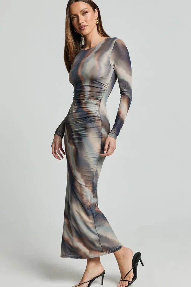 Zyra Midi Dress 8211 High Neck Long Sleeve Mesh Dress In Neutral Stripe Women Showpo Dresses