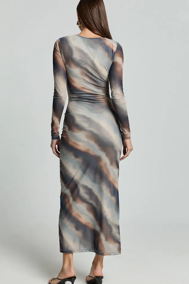 Zyra Midi Dress 8211 High Neck Long Sleeve Mesh Dress In Neutral Stripe Women Showpo Dresses